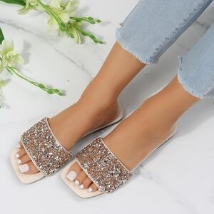 NWB Rhinestone Sandals Glitter Sequin Shoes Square Toe Slide Flat Sandals Sz 7